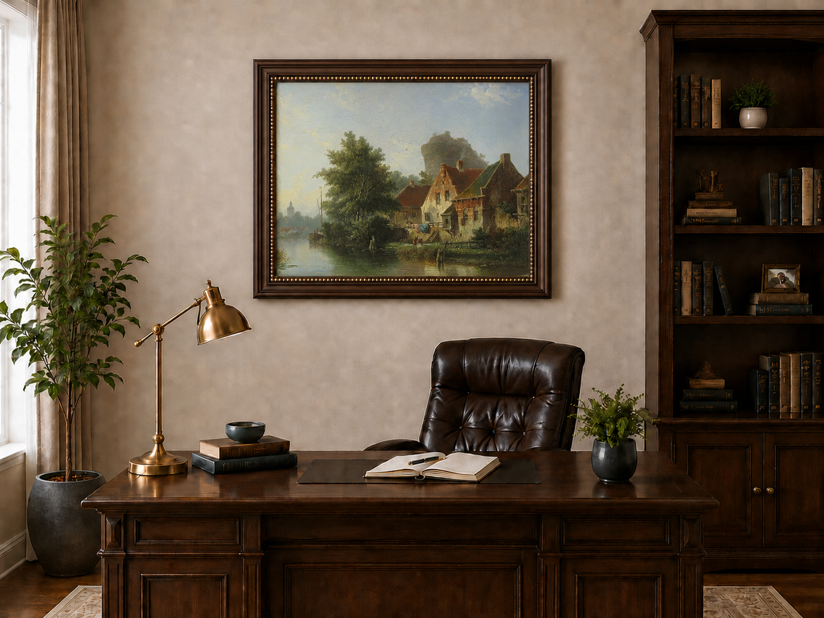 River with houses, tree and old tower landscape oil painting presented in an interior wall art mockup.