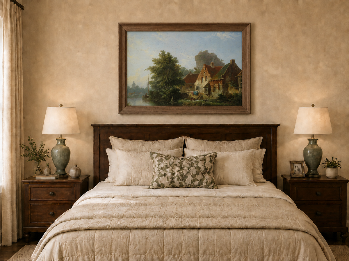 Hand-painted river with houses, tree and old tower artwork displayed as decorative wall art.