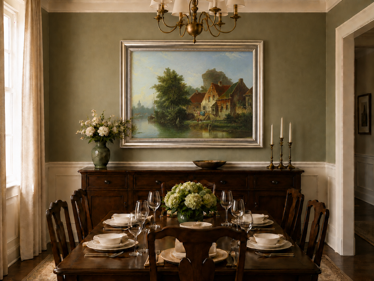 River with houses, tree and old tower oil landscape artwork shown in a styled home interior.