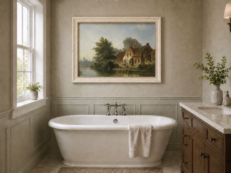 River with houses, tree and old tower landscape oil painting presented as interior home decor.
