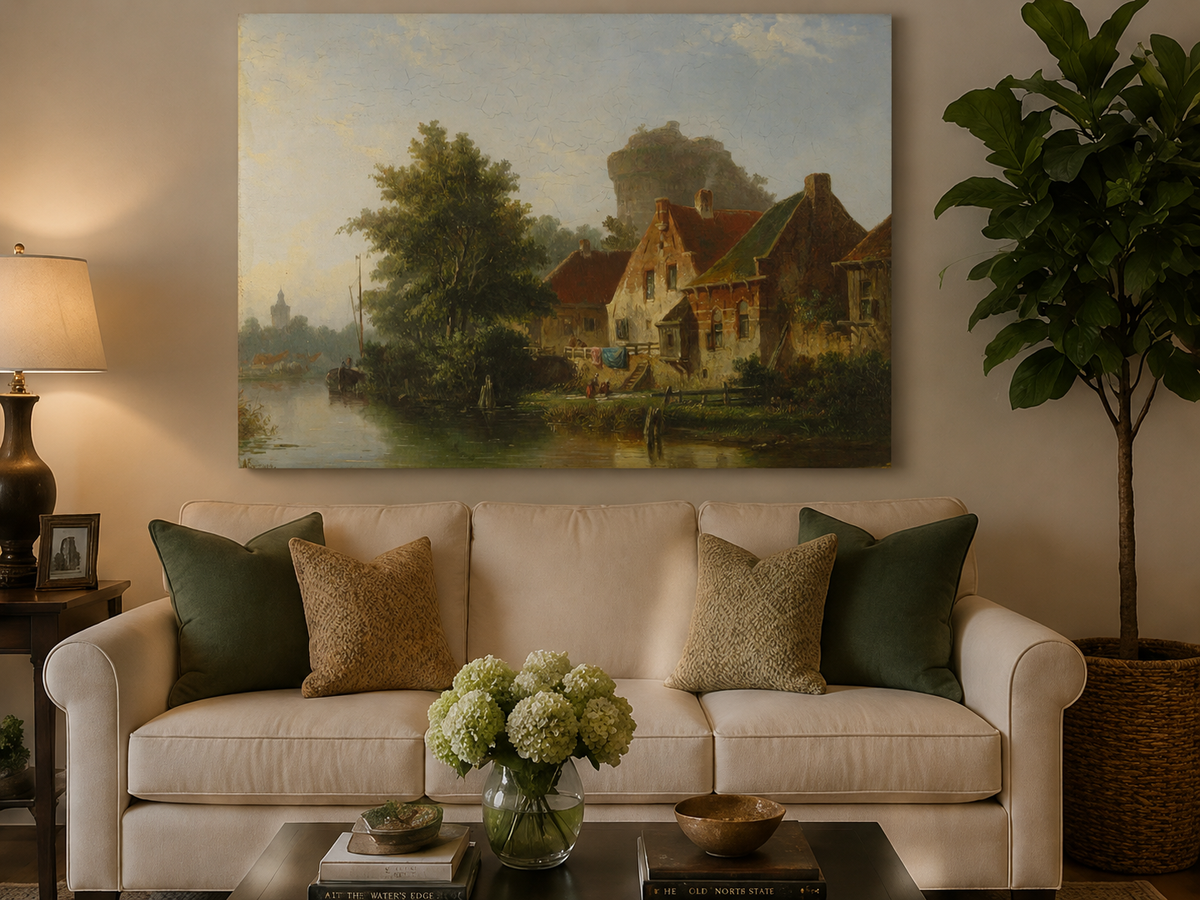 River with houses, tree and old tower hand-painted oil artwork displayed in a second interior view.
