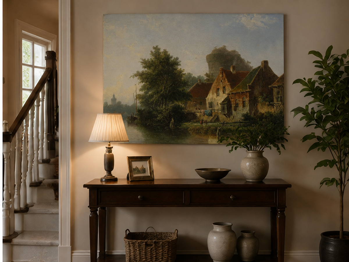 River with houses, tree and old tower landscape painting shown as decorative oil wall art.