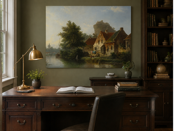 Interior wall art view featuring a river with houses, tree and old tower landscape oil painting.