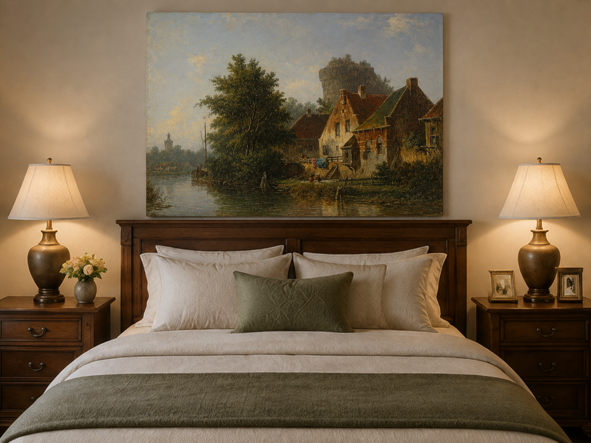 River with houses, tree and old tower oil painting displayed as landscape wall decor.
