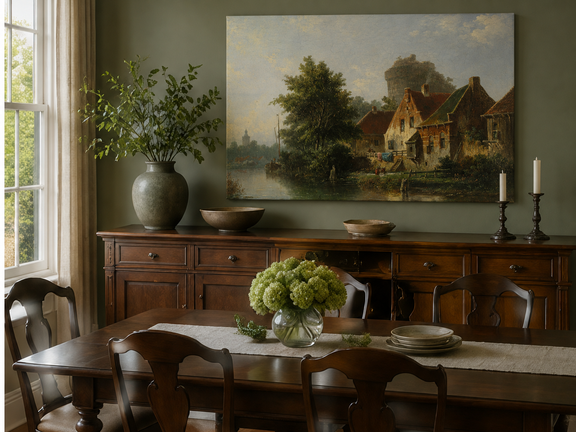 Hand-painted river with houses, tree and old tower landscape artwork in an interior display.