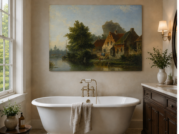 River with houses, tree and old tower landscape oil painting presented as styled home decor.