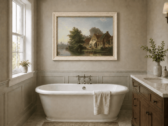 River with houses, tree and old tower landscape oil painting presented as interior home decor.