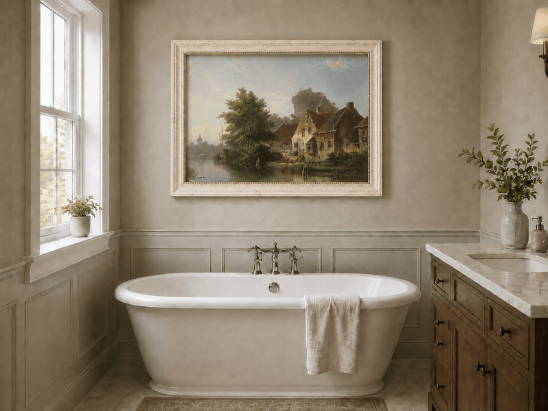 River with houses, tree and old tower landscape oil painting presented as interior home decor.