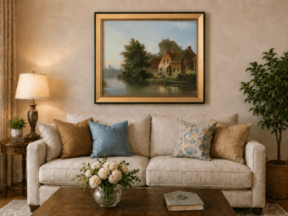River with houses, tree and old tower landscape oil painting displayed in a styled home interior.