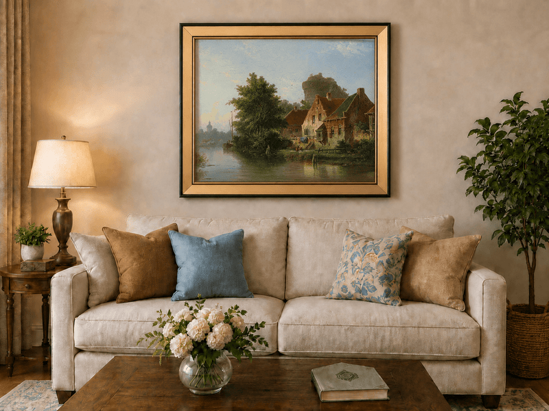 River with houses, tree and old tower landscape oil painting displayed in a styled home interior.