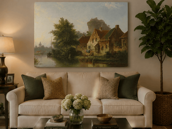 River with houses, tree and old tower hand-painted oil artwork displayed in a second interior view.