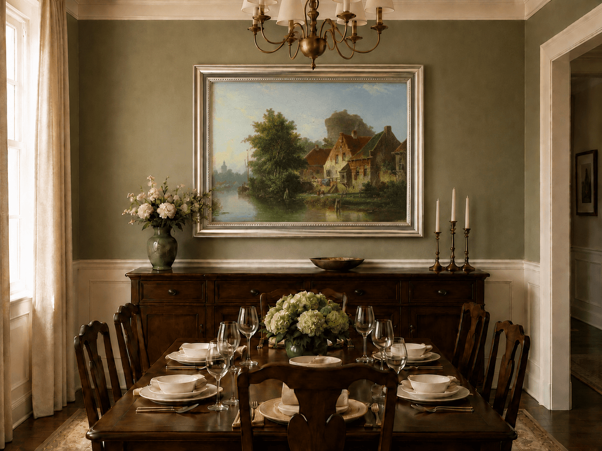 River with houses, tree and old tower oil landscape artwork shown in a styled home interior.