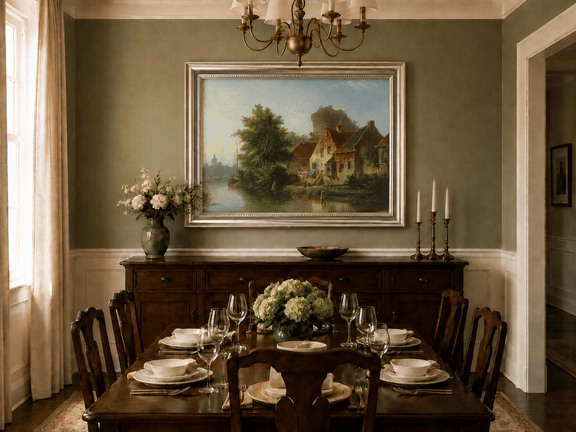 River with houses, tree and old tower oil landscape artwork shown in a styled home interior.