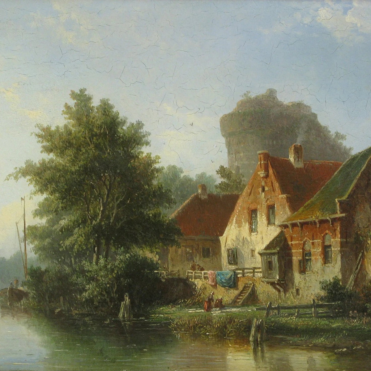 Landscape Oil Painting - River with Houses, Tree & Old Tower - Oil Painting Haven