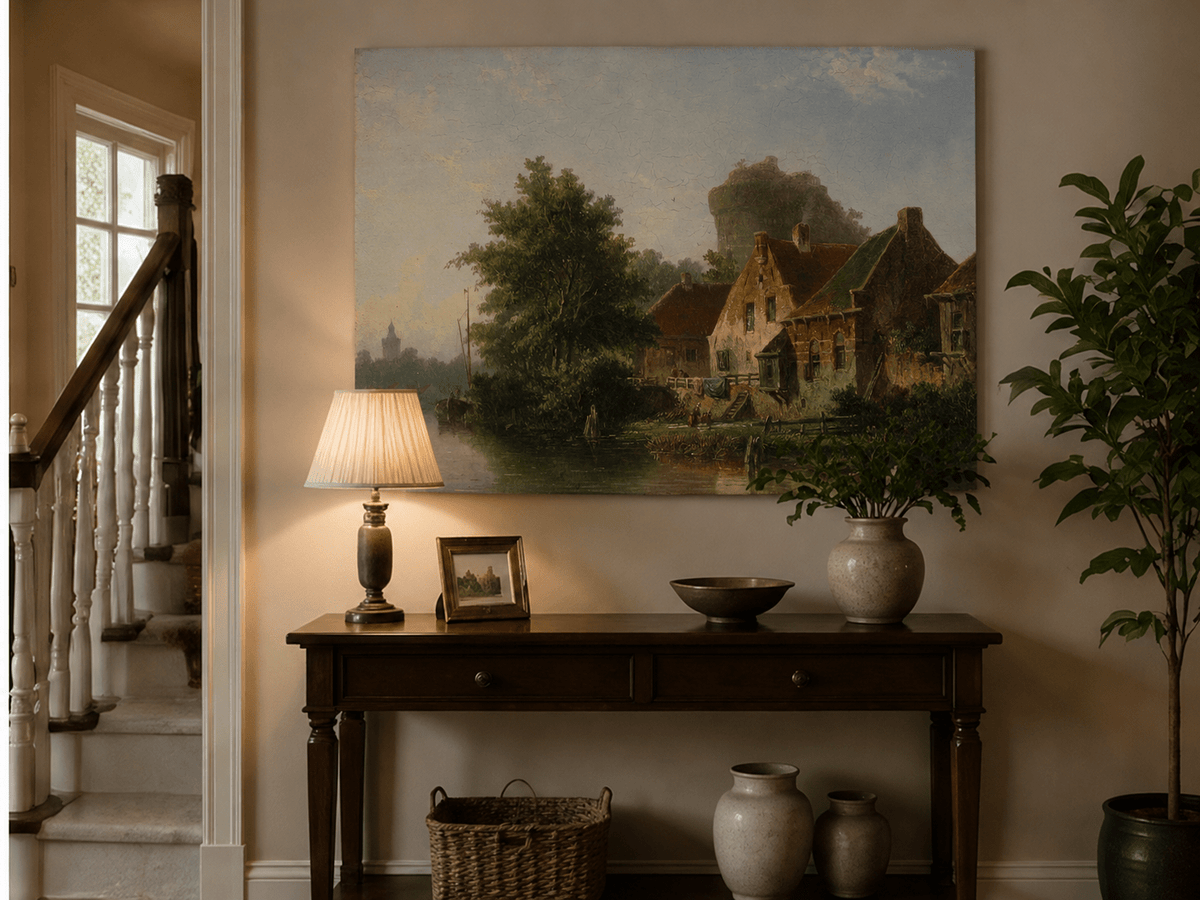 River with houses, tree and old tower landscape painting shown as decorative oil wall art.