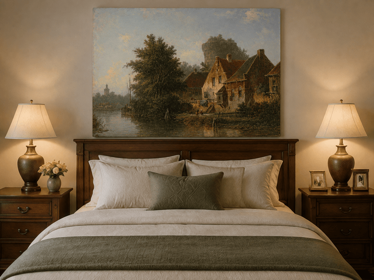 River with houses, tree and old tower oil painting displayed as landscape wall decor.