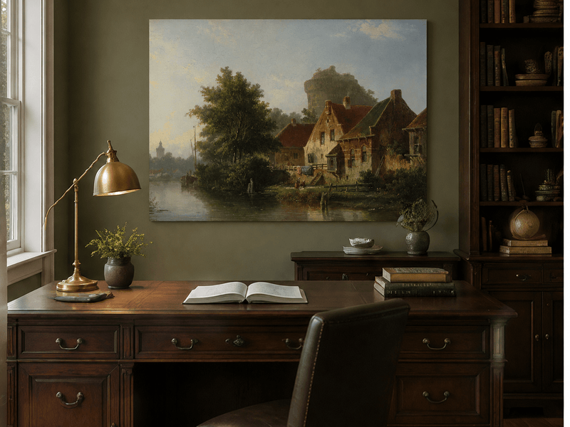 Interior wall art view featuring a river with houses, tree and old tower landscape oil painting.