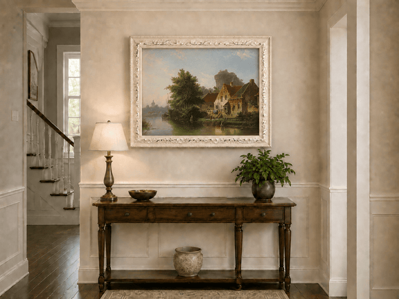 River with houses, tree and old tower hand-painted oil artwork shown as home wall decor.