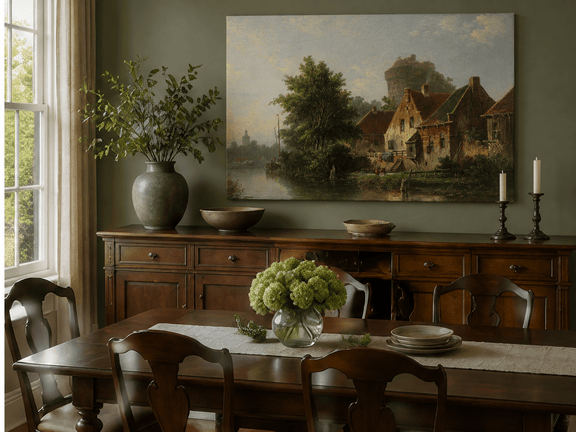 Hand-painted river with houses, tree and old tower landscape artwork in an interior display.