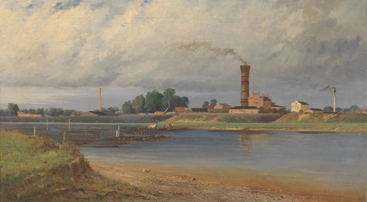 Landscape Oil Painting - River with Industrial Buildings & Chimneys - Oil Painting Haven