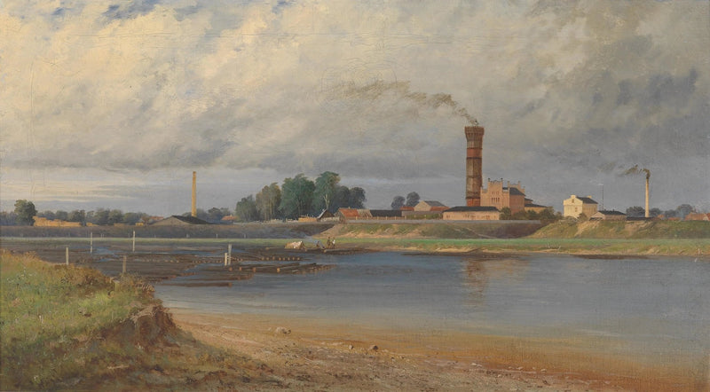 Landscape Oil Painting - River with Industrial Buildings & Chimneys - Oil Painting Haven