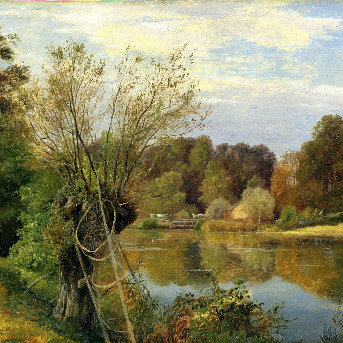 Landscape Oil Painting - River with Reflections, Willows, Fishing Gear - Oil Painting Haven