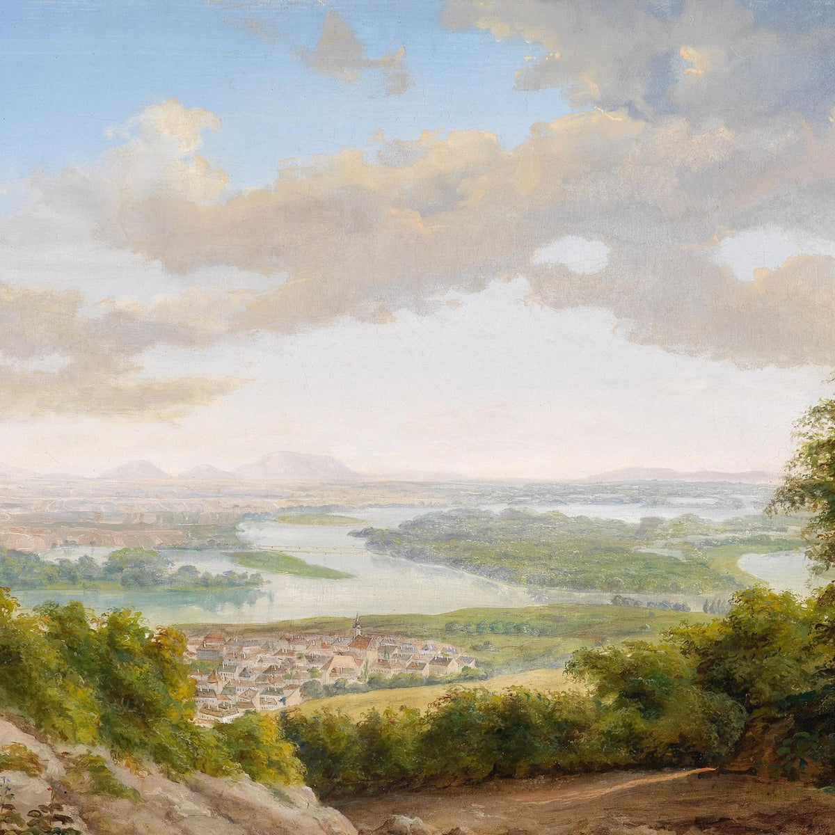 Landscape Oil Painting - River with Town & Scenery - Oil Painting Haven