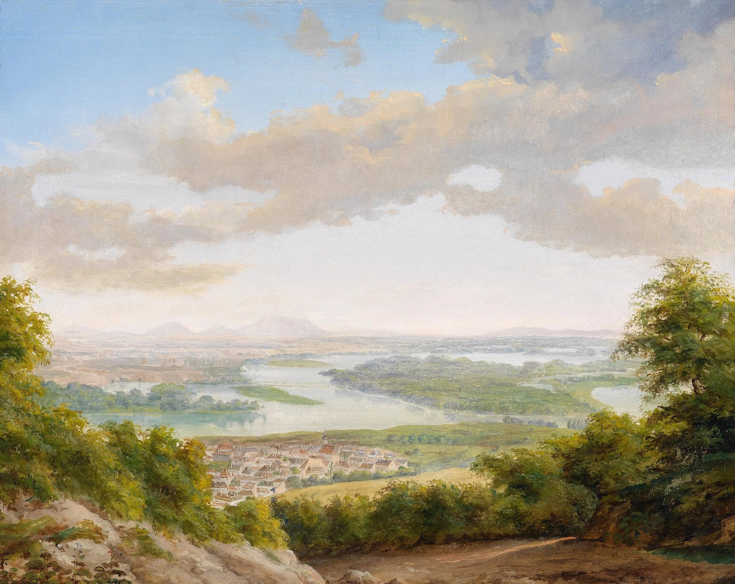 Landscape Oil Painting - River with Town & Scenery - Oil Painting Haven