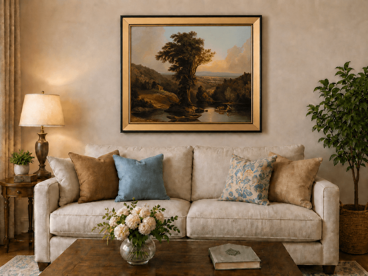 Landscape Oil Painting - River with Tree, Boats & Cabin