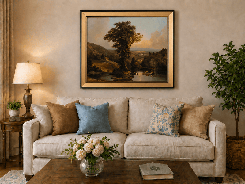 Landscape Oil Painting - River with Tree, Boats & Cabin