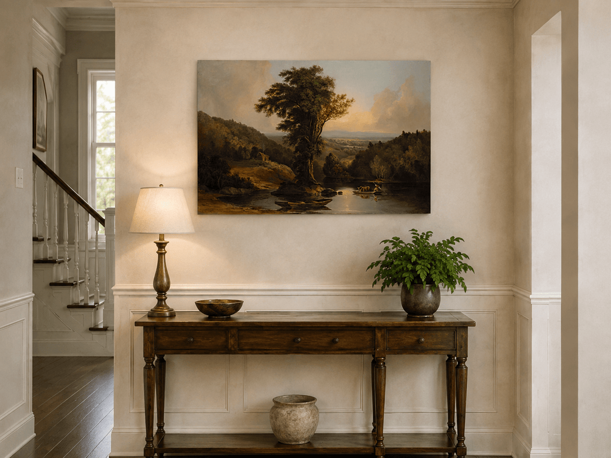 Landscape Oil Painting - River with Tree, Boats & Cabin