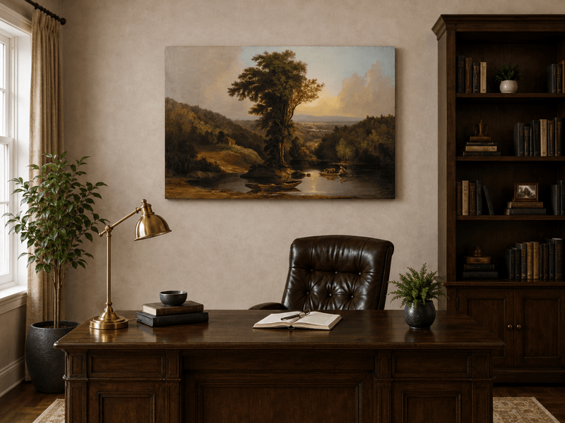 Landscape Oil Painting - River with Tree, Boats & Cabin