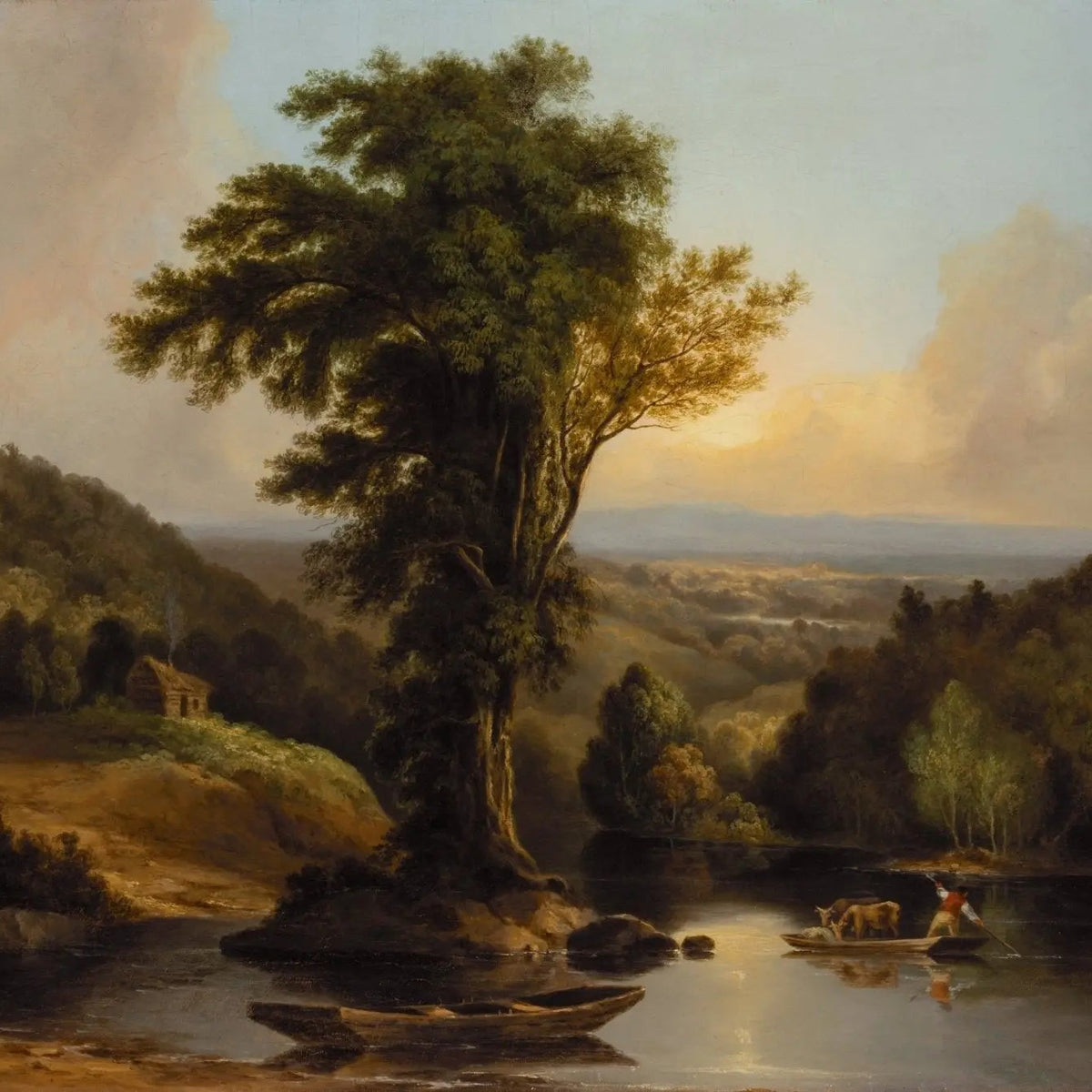 Landscape Oil Painting - River with Tree, Boats & Cabin - Oil Painting Haven