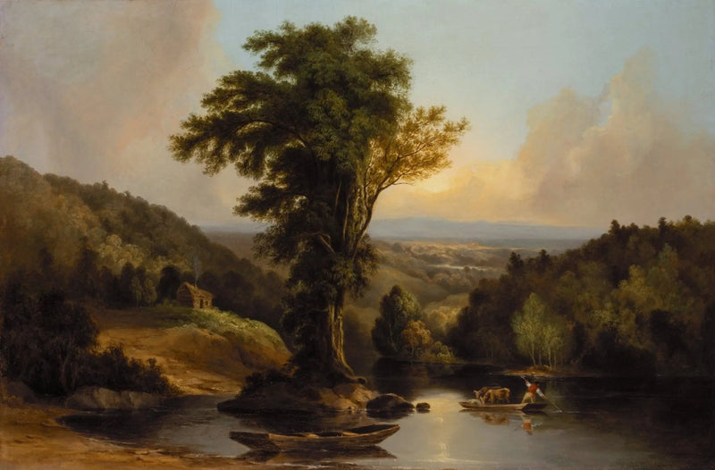 Landscape Oil Painting - River with Tree, Boats & Cabin - Oil Painting Haven