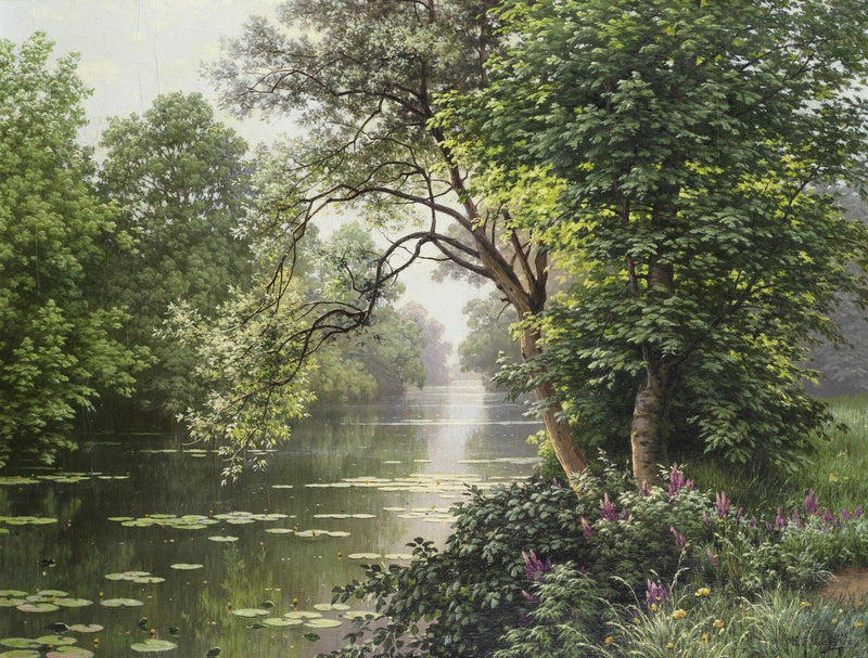 Landscape Oil Painting - River with Water Lilies, Trees & Blossom Bushes - Oil Painting Haven