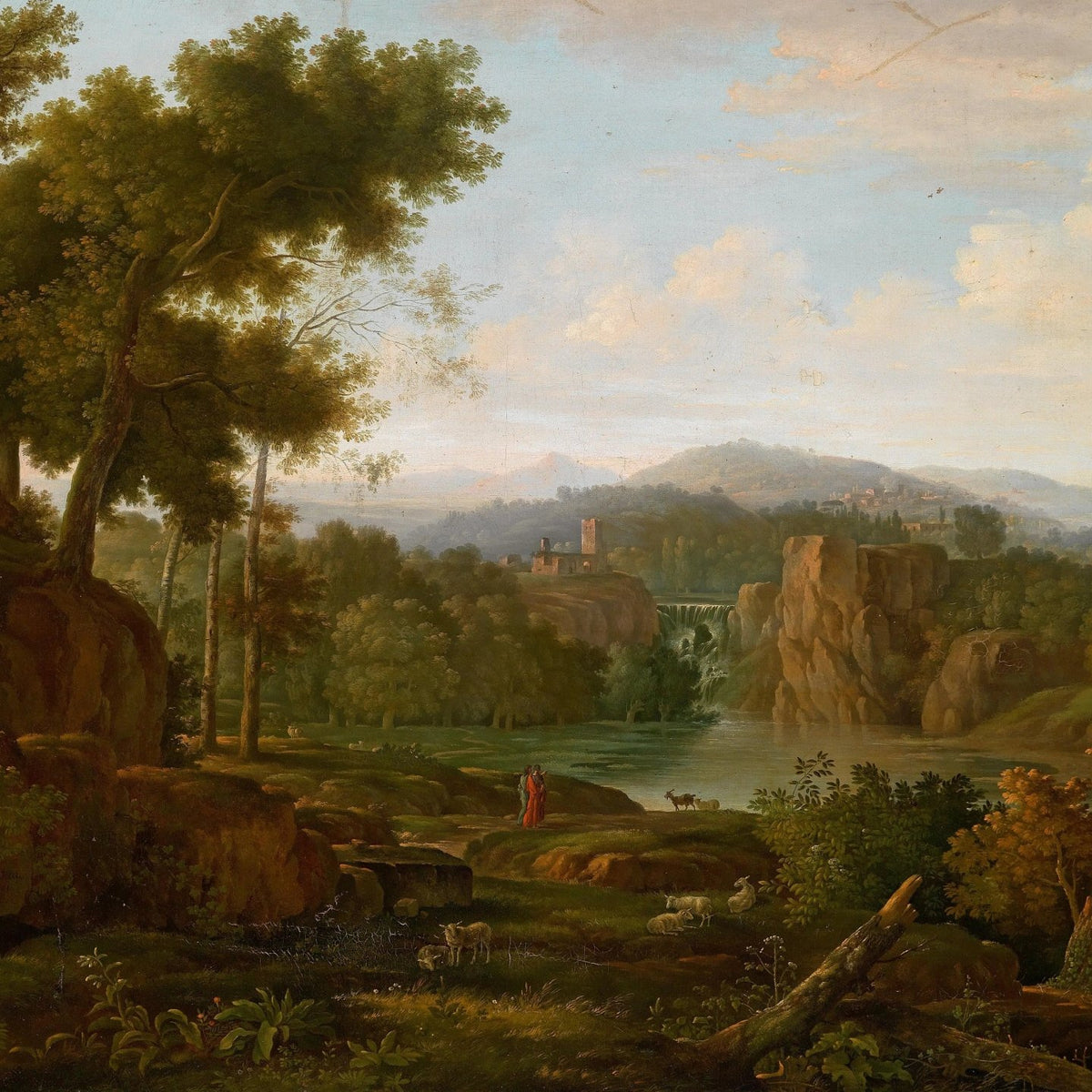 Landscape Oil Painting - River with Waterfall, Ruins & Figures - Oil Painting Haven