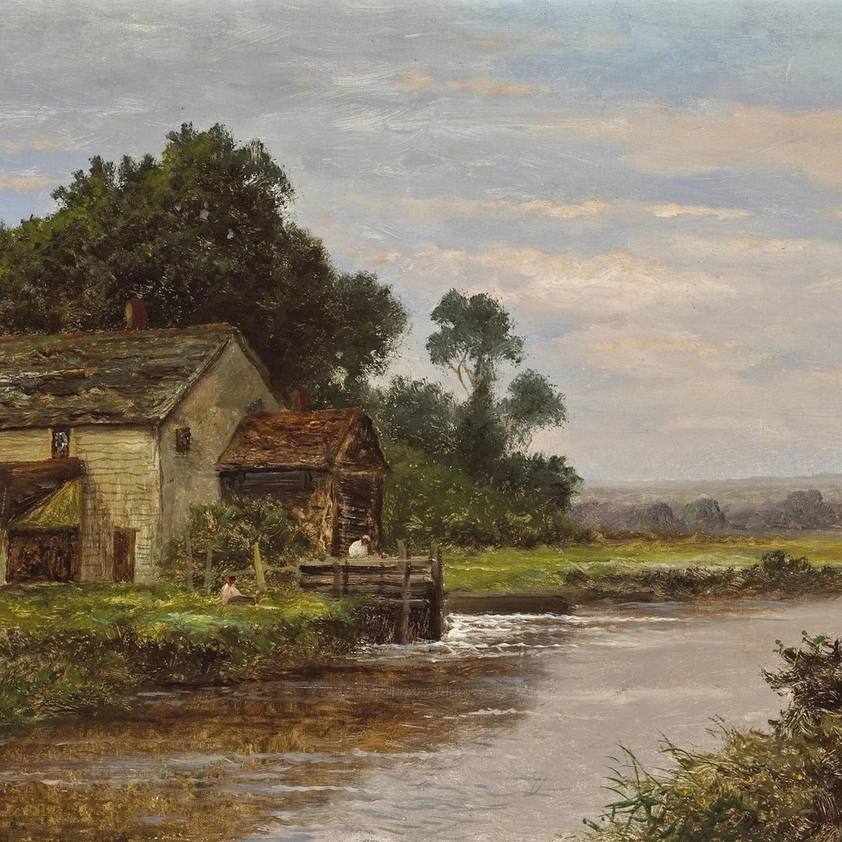 Landscape Oil Painting - River with Watermill & Figures - Oil Painting Haven