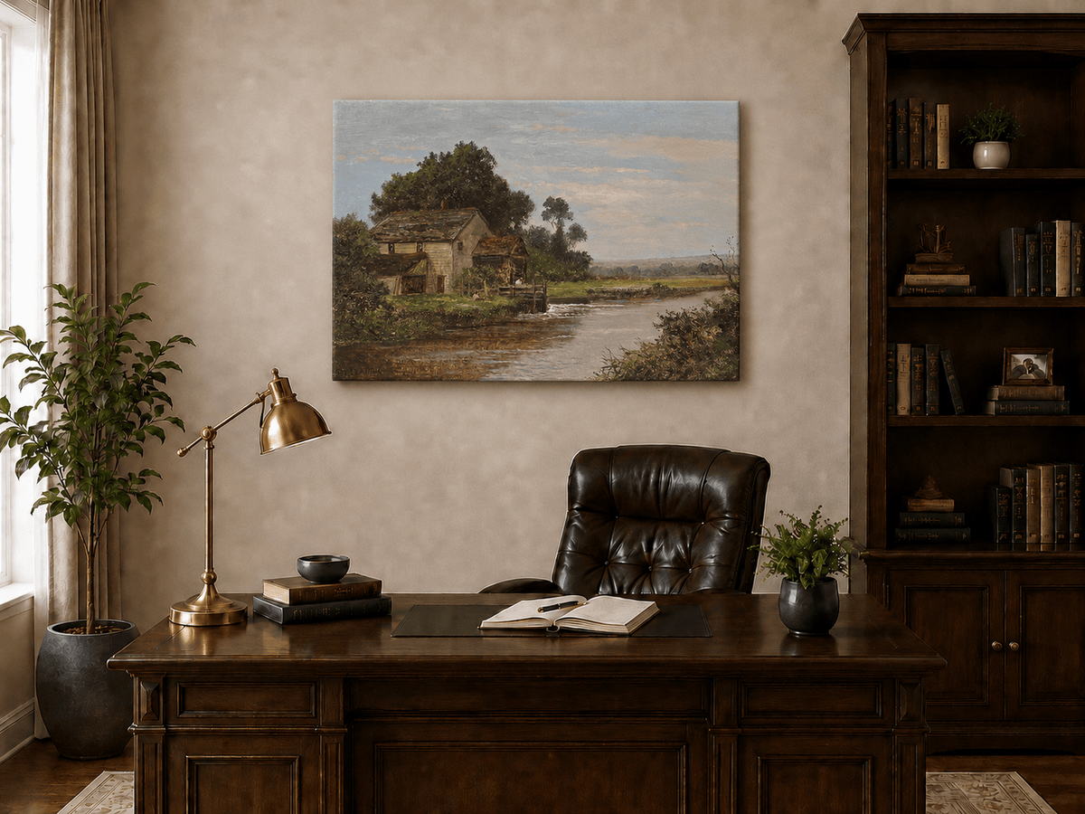 Landschaftsölgemälde – Fluss mit Wassermühle & Figuren