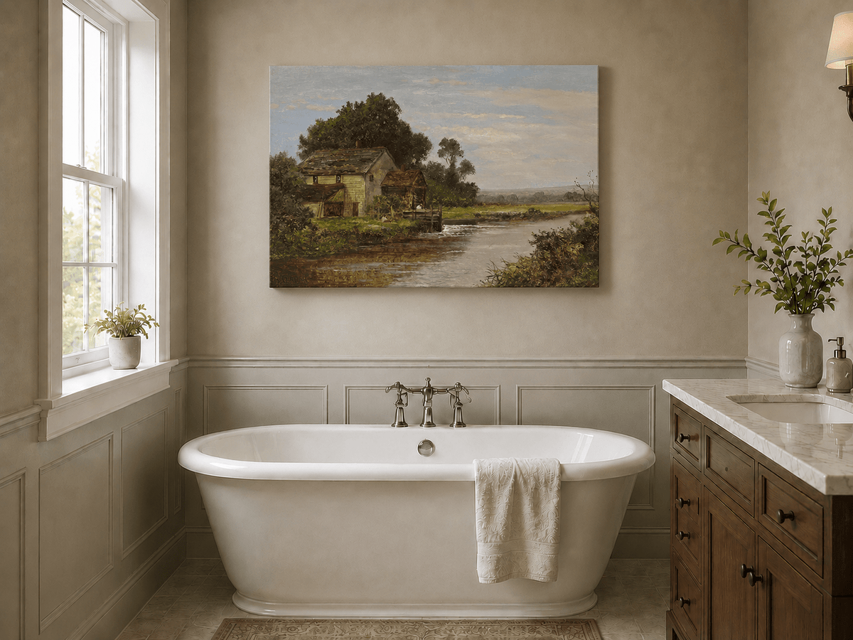 Landschaftsölgemälde – Fluss mit Wassermühle & Figuren