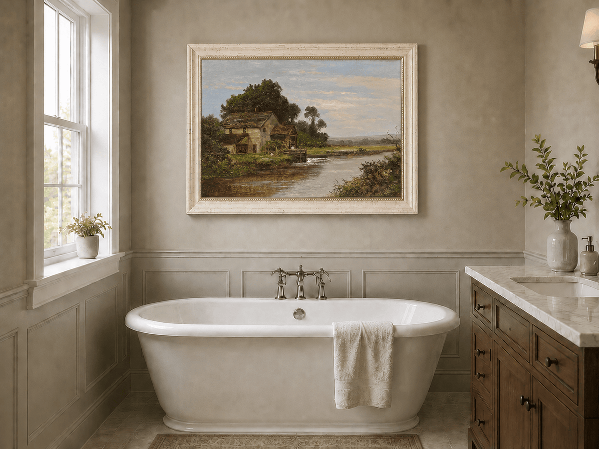 Landschaftsölgemälde – Fluss mit Wassermühle & Figuren