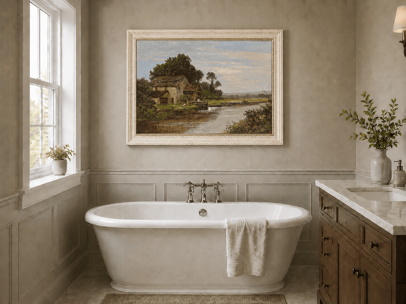 Landschaftsölgemälde – Fluss mit Wassermühle & Figuren
