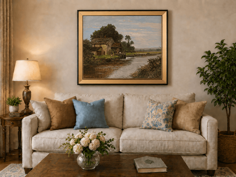 Landschaftsölgemälde – Fluss mit Wassermühle & Figuren