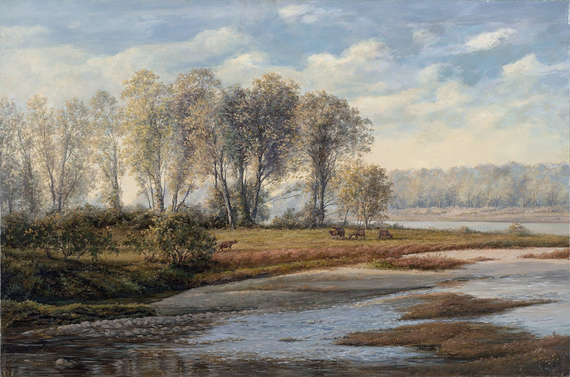 Landscape Oil Painting - Riverbank Autumn, Cattle, Trees & Calm Water - Oil Painting Haven
