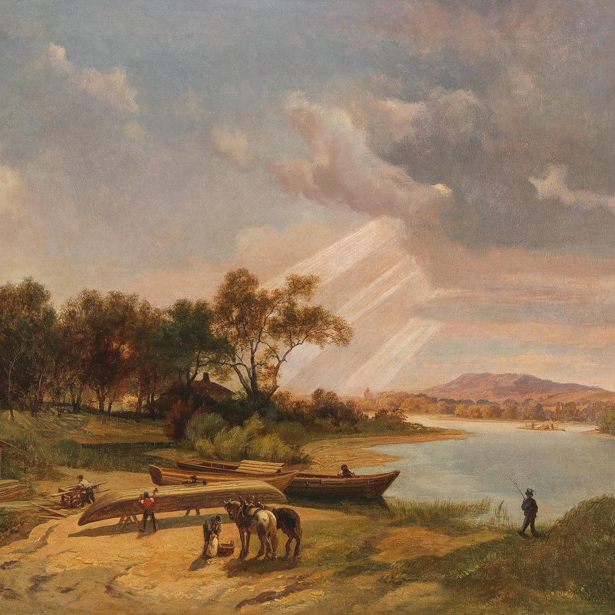 Hand-painted riverbank boats and sunlit storm sky landscape oil painting on canvas