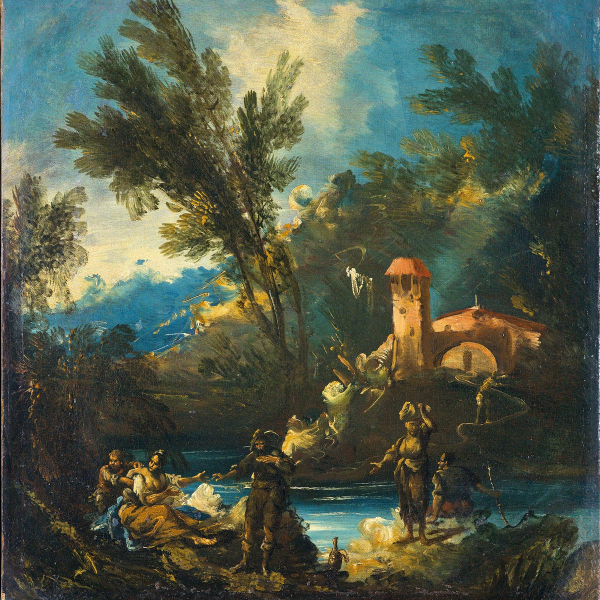 Hand-painted riverbank bridge and figures at dusk landscape oil painting on canvas
