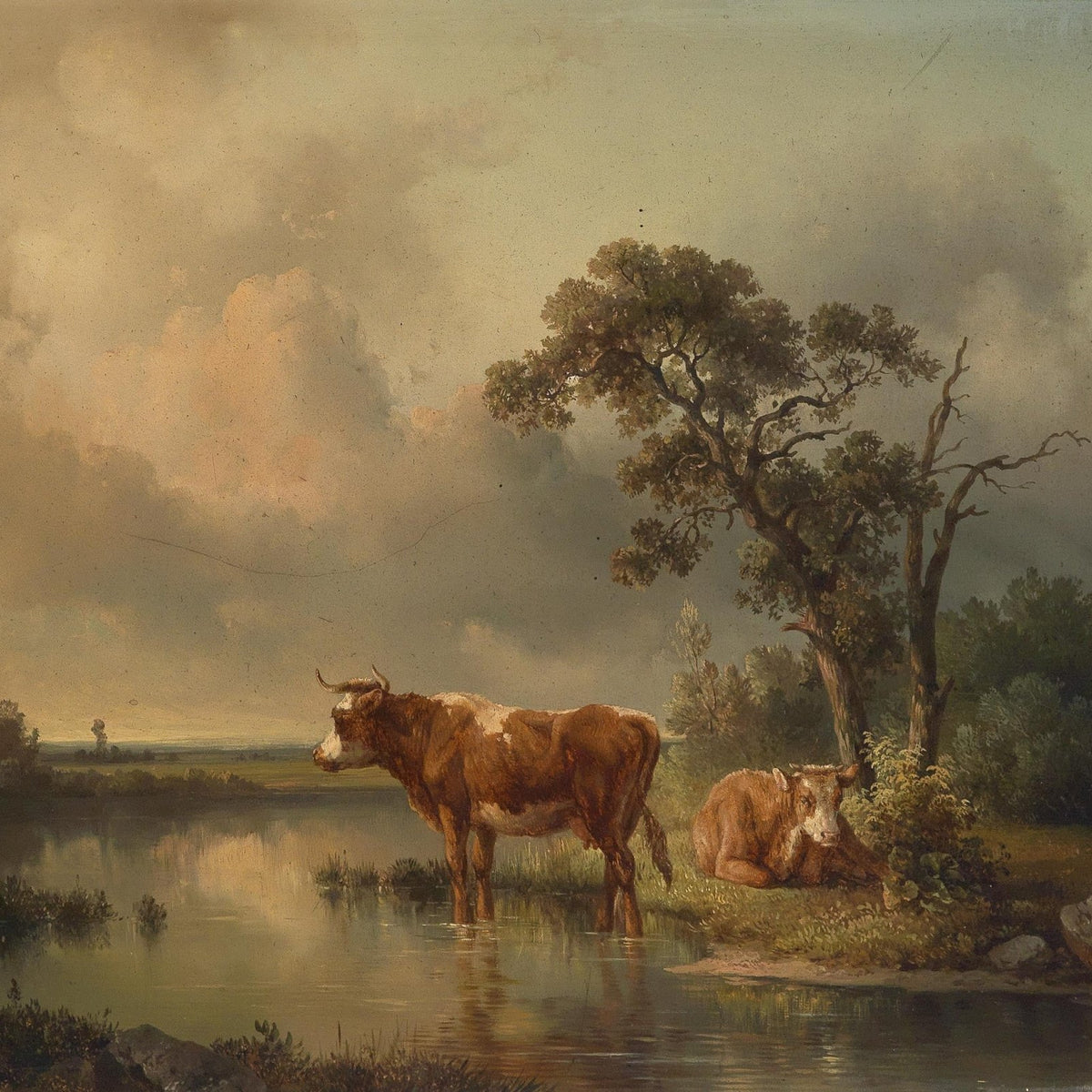 Landscape Oil Painting - Riverbank Cattle, Trees, Calm Water & Rural Sky - Oil Painting Haven