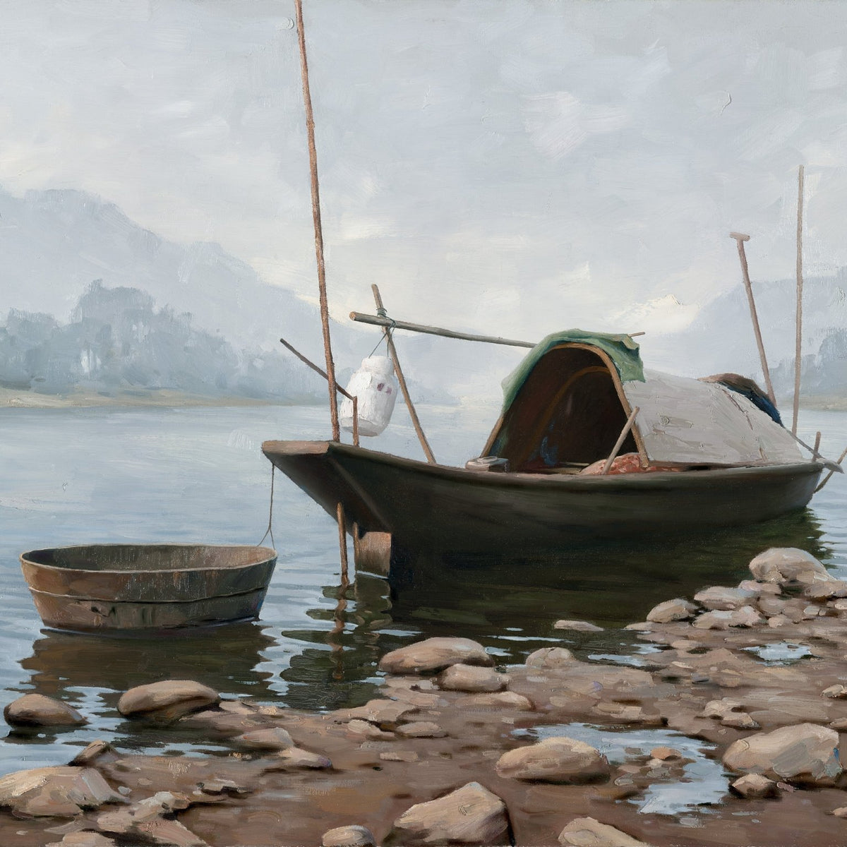 Landscape Oil Painting - Riverbank Fishing Boat, Stones & Misty Hills - Oil Painting Haven