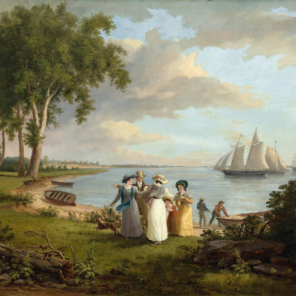 Landscape Oil Painting - riverbank gathering figures & sailing ships - Oil Painting Haven