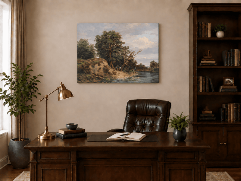 Landscape Oil Painting - Riverbank Landscape Old Trees, Figures