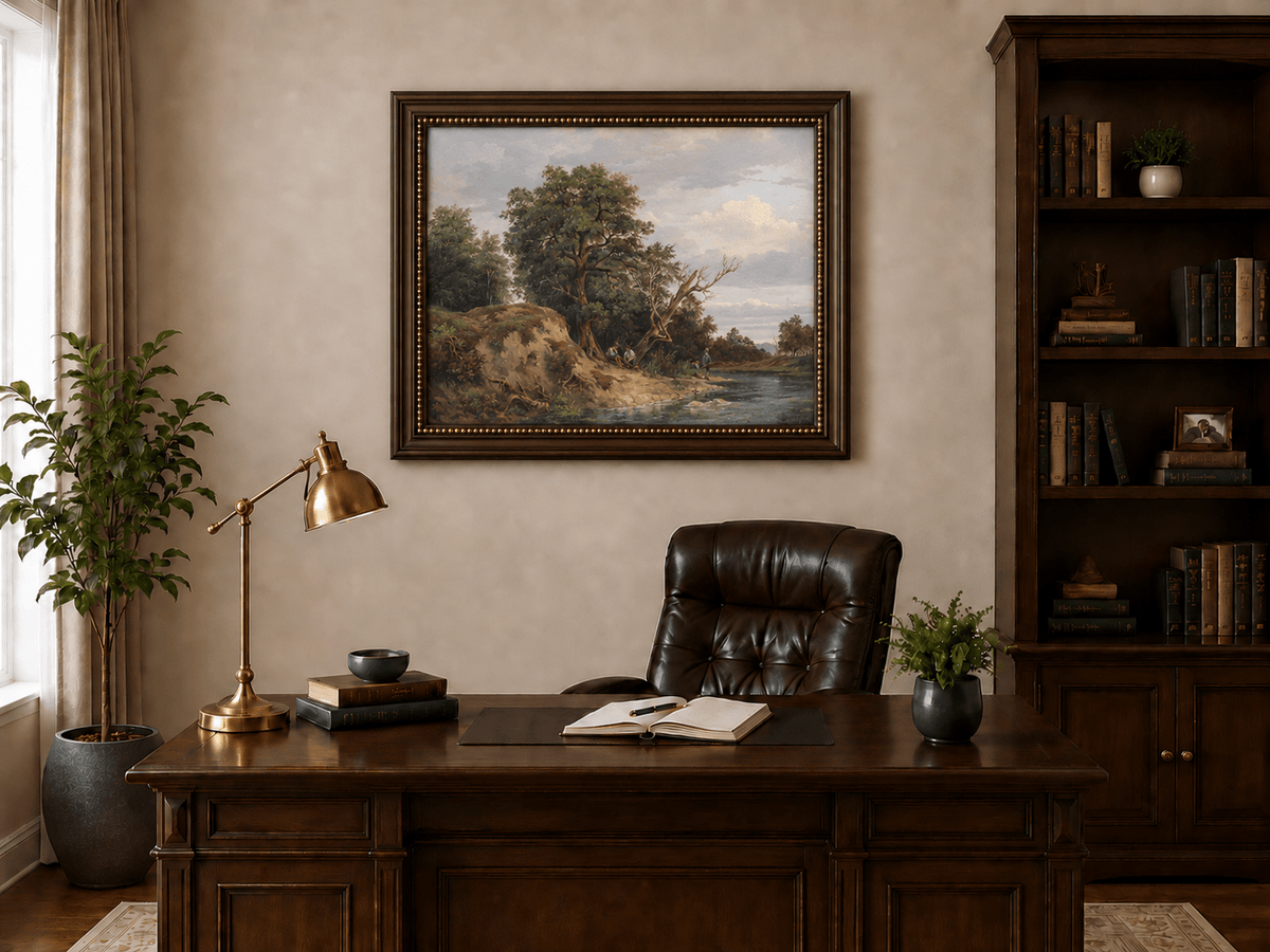 Landscape Oil Painting - Riverbank Landscape Old Trees, Figures